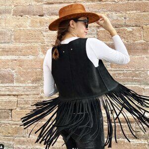 Brand New Adorable and Fashionable Black Fringe Vest in Natural Suede
